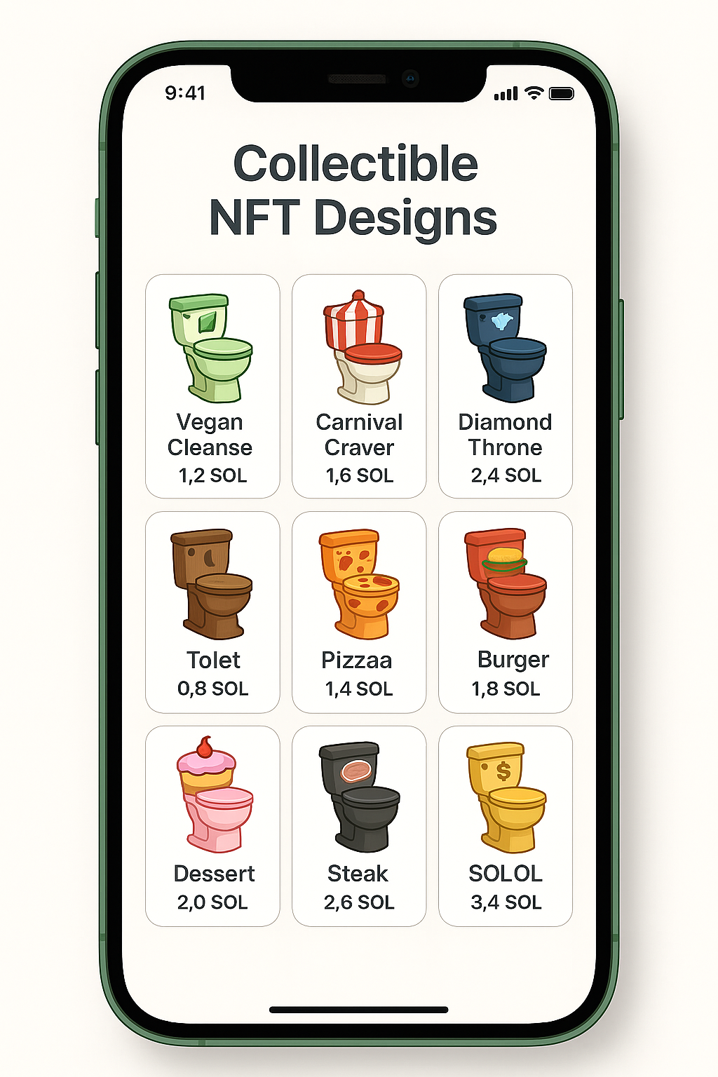 Collectible NFT Toilet Designs for PooCoin, showcasing various tiers like Vegan Cleanse, Carnival Craver, and Diamond Throne.